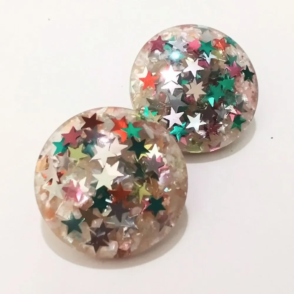 Vintage Mid Century Star Confetti Lucite Clip Earrings Colorful Retro 1960s